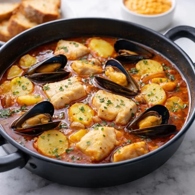Bouillabaisse de poisson aux légumes safranée + rouille