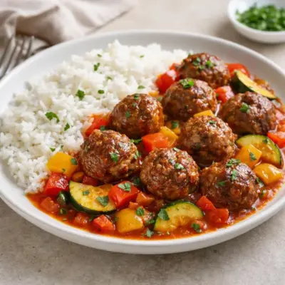 Boulettes de viande en cocotte, sauce tomate & légumes aux poivrons et courgette