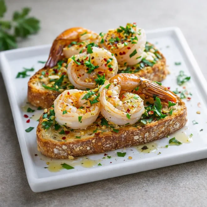 Bruschetta aux crevettes à l’ail et au citron