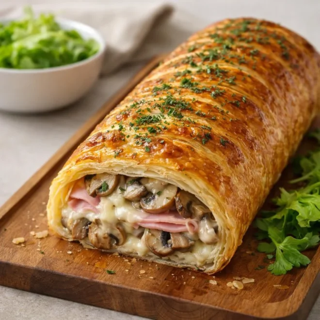 Bûche feuilletée au jambon, champignons et mozzarella (galette roulée au four)