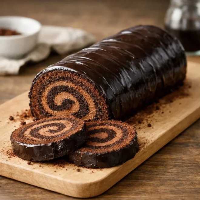 Bûche rapide au chocolat (gâteau roulé au cacao, ganache express)