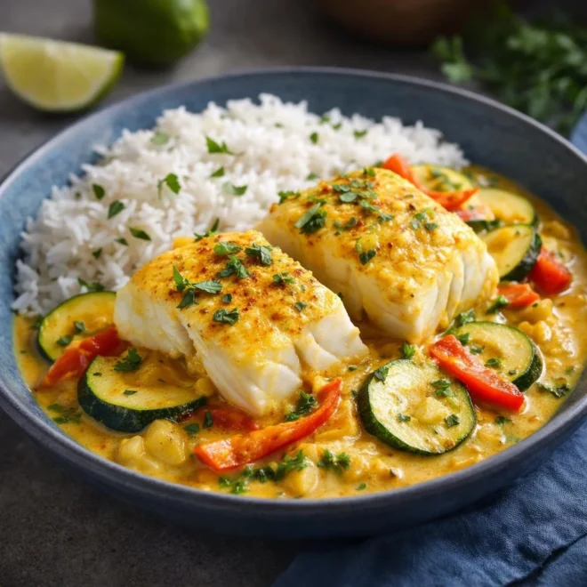Cabillaud au curry léger, légumes sautés et sauce crémeuse au lait de coco