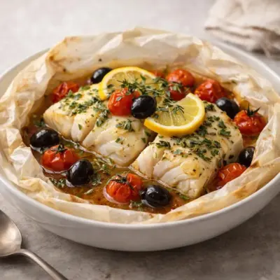 Cabillaud en papillote tomates et olives au citron