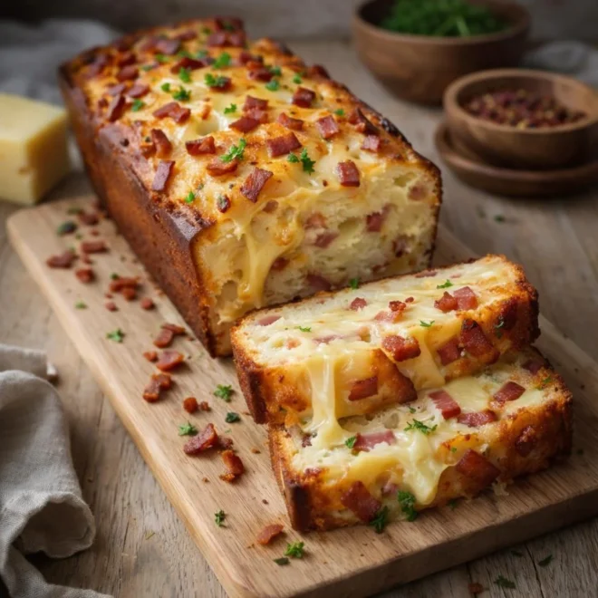 Cake salé lardons oignons raclette, fondant au four