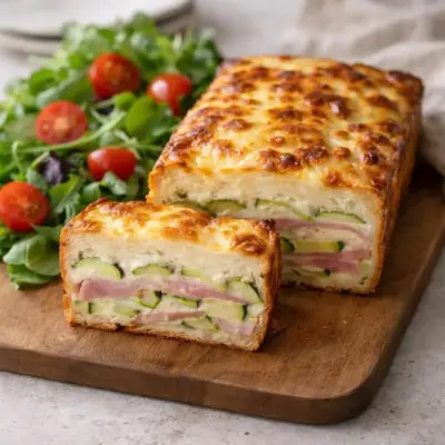 Cake salé pain de mie aux courgettes, jambon et sauce au fromage