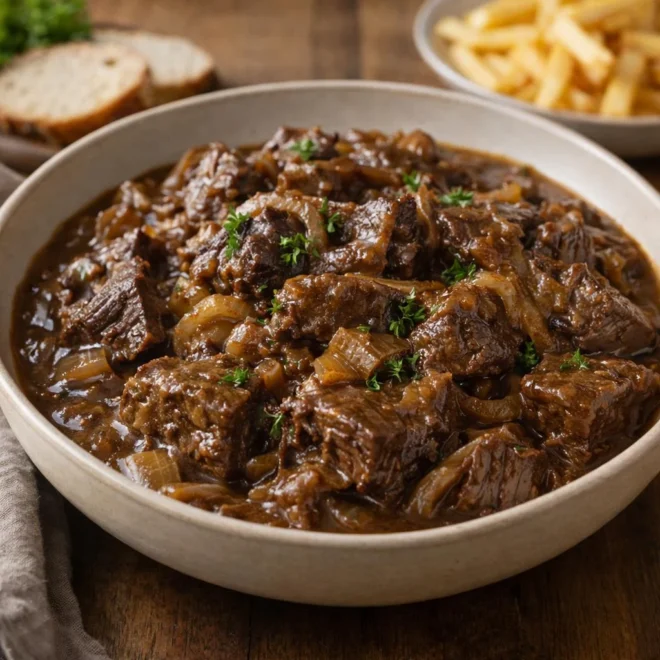 Carbonnade flamande authentique au bœuf mijoté à la bière brune