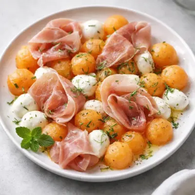 Carpaccio de melon au jambon cru et billes de mozzarella