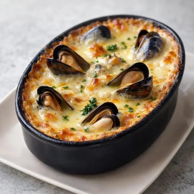 Moules gratinées en cassolette au safran et crème