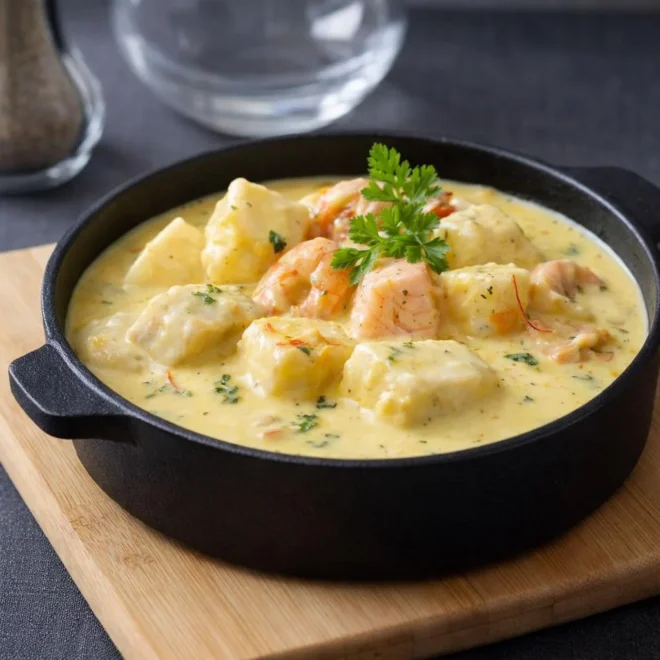 Cassolette de poissons sauce vin blanc safran