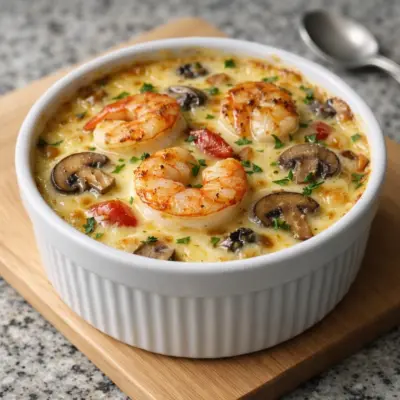 Cassolette de la mer aux Saint-Jacques champignons et crevet