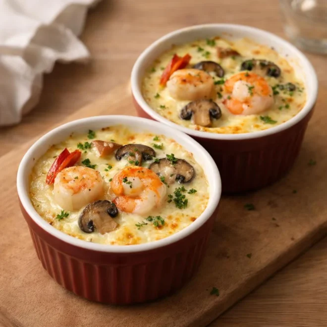 Cassolette de la mer saint-jacques champignons crevettes