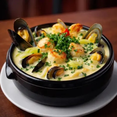 Cassolette de moules et saint-jacques aux poireaux