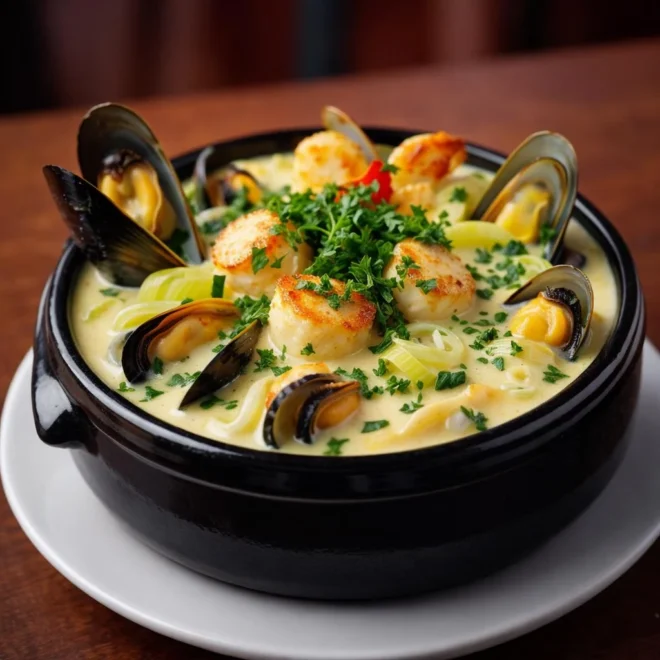 Cassolette de moules et saint-jacques aux poireaux