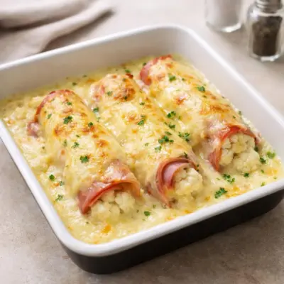 Chou-fleur au jambon et à la béchamel gratiné