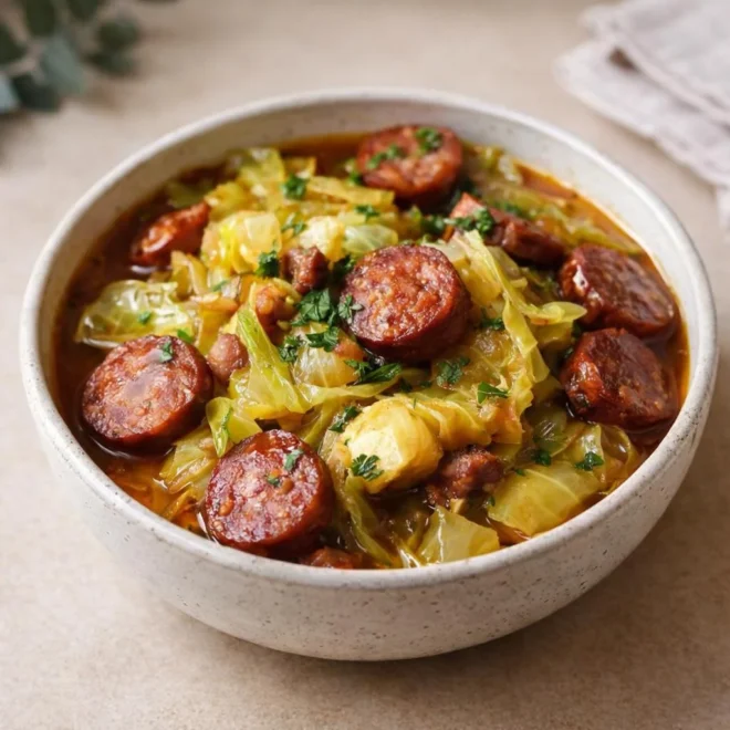 Chou vert braisé aux saucisses fumées : mijoté