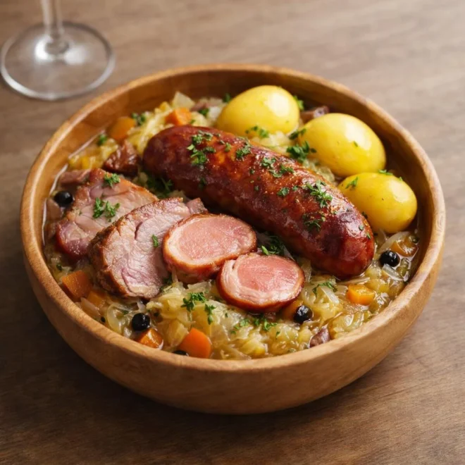 Choucroute alsacienne traditionnelle (palette, saucisses de Strasbourg et pommes de terre)