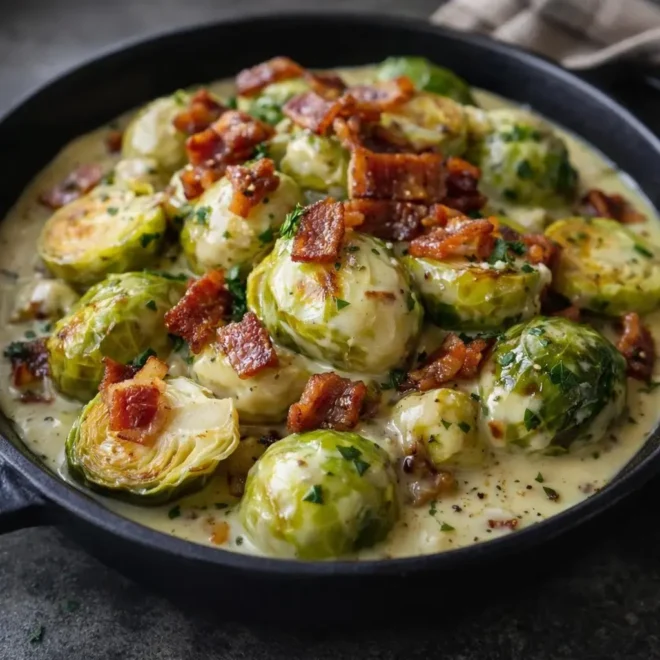 Choux de Bruxelles fondants à la crème et aux lardons