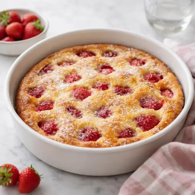Clafoutis aux fraises (sans pâte), crème vanille légère