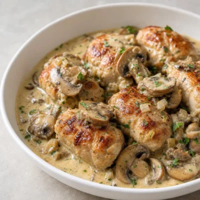 Cochonnettes de porc rôties au four, sauce crémeuse aux champignons