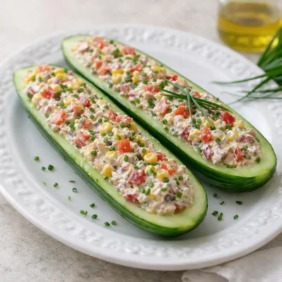 Concombres farcis fraîcheur estivale, salade crémeuse tomate-oignon