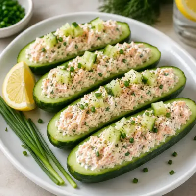 Concombres farcis au thon et sauce yaourt-citron, herbes et câpres