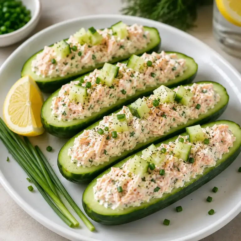 Concombres farcis au thon et sauce yaourt-citron, herbes et câpres