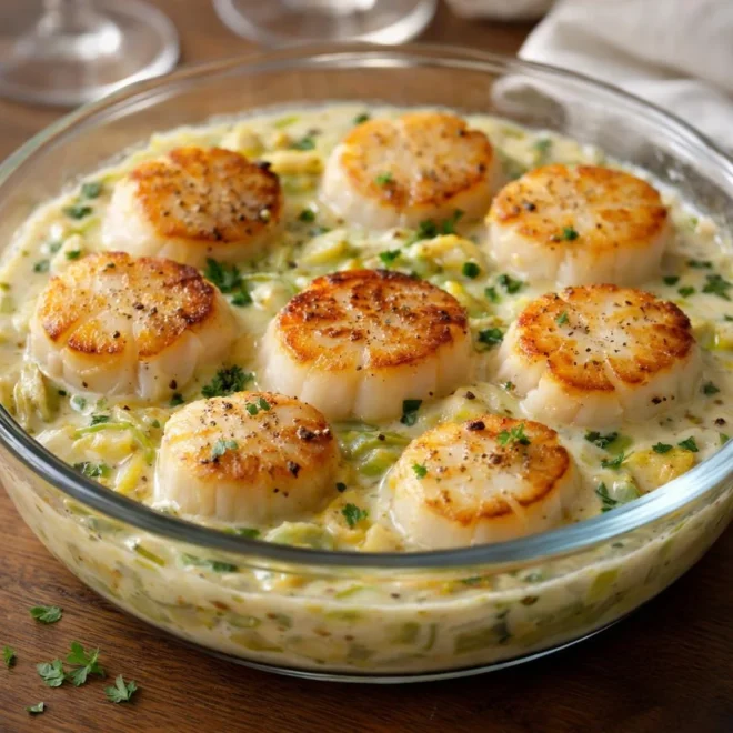 Coquilles Saint-Jacques poireaux en fondue légère au four (sauce crémeuse)