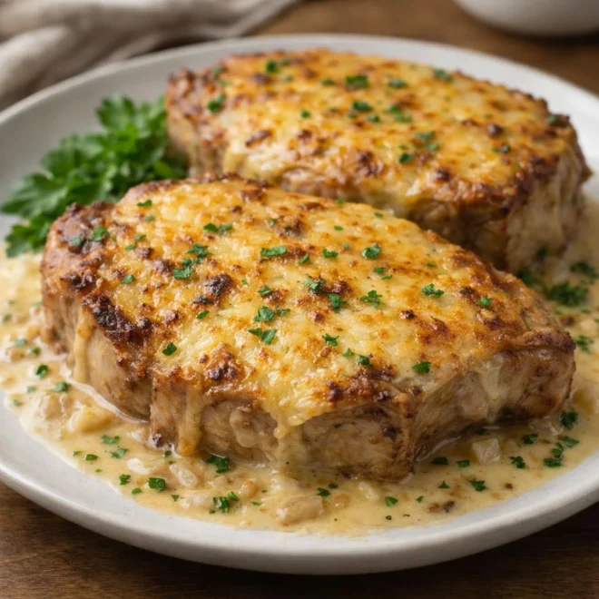 Côtes de porc gratinées au comté, sauce crémeuse et herbes