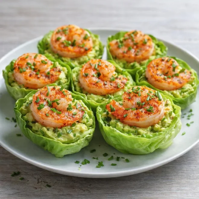 Coupelles de laitue aux crevettes grillées et avocat épicé