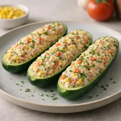 Courgettes farcies au thon et maïs, crème citronnée