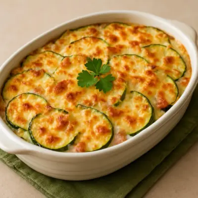 Courgettes gratinées au comté (jambon blanc, béchamel légère)