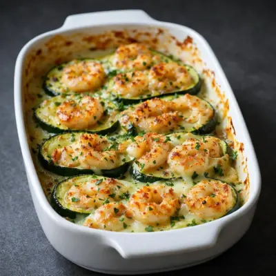 Courgettes gratinées aux crevettes et à l’ail
