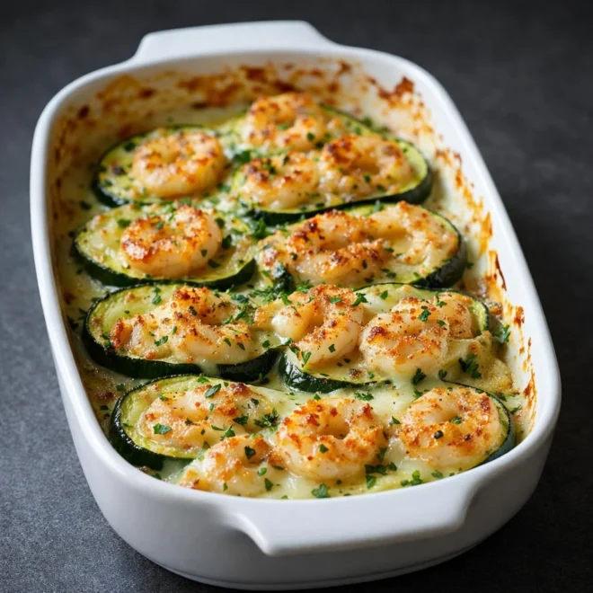 Courgettes gratinées aux crevettes et à l’ail