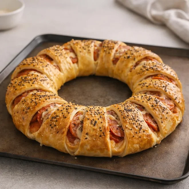 Couronne de croissants apéritive à la saucisse et sauce tomate, mozzarella râpée