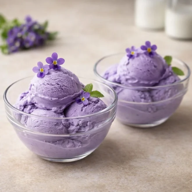Crème glacée à la violette maison onctueuse, sans sorbetière