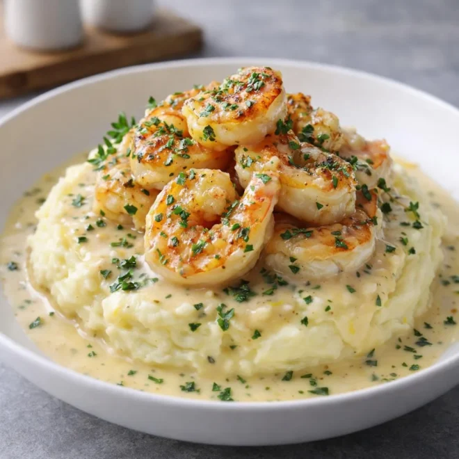 Crevettes à l’ail crémées sur purée de pommes de terre
