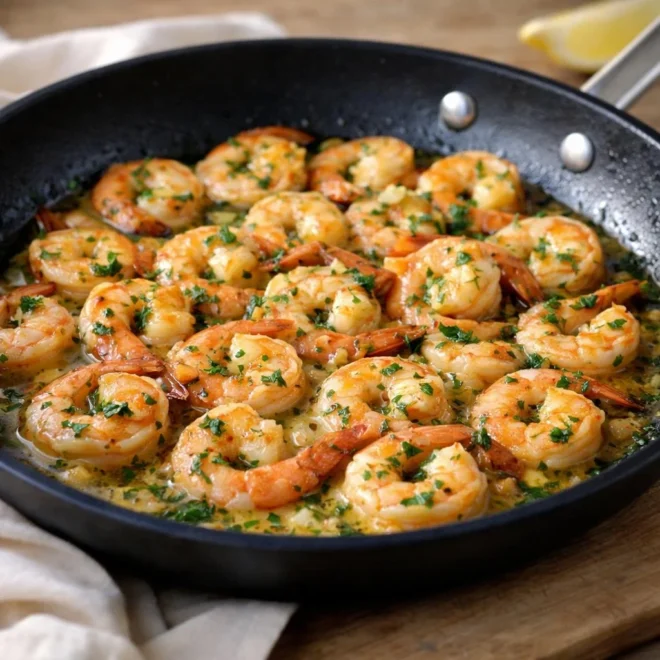 Crevettes sautées à l’ail et au persil, sauce citronnée au beurre