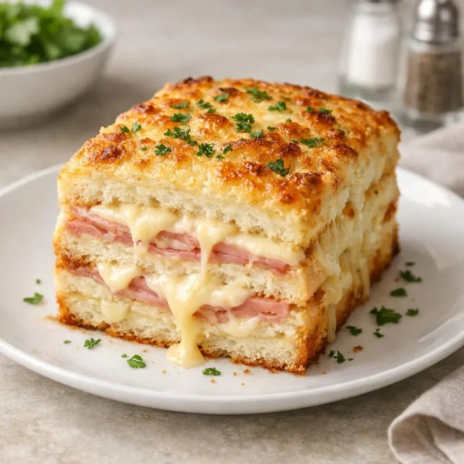 Croque-cake ultra fondant au jambon et fromage (pain de mie au four)