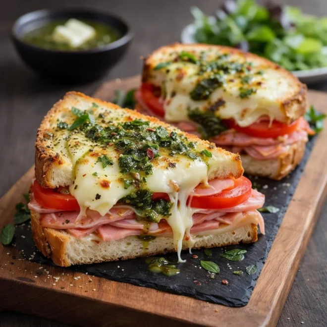 Croque Monsieur à l’Italienne au jambon, mozzarella & sauce basilic