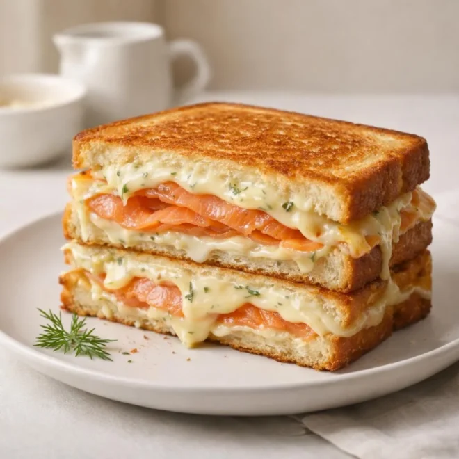 Croque-monsieur au saumon fumé et sauce béchamel à l’aneth, pain brioché grillé