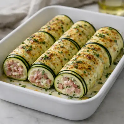 Cylindres de courgette farcis jambon et mozzarella au four