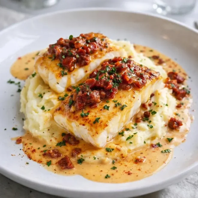 Dos de cabillaud à la crème de chorizo et écrasé de pommes de terre