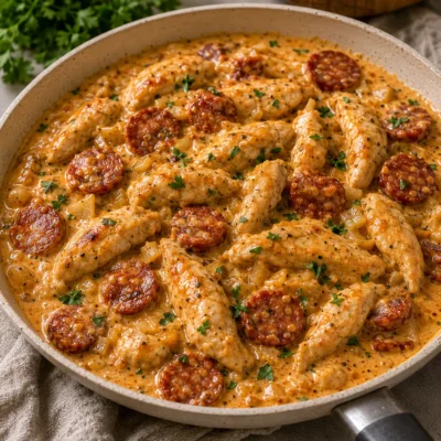 Émincé de Poulet Crémeux au Chorizo Fondant, Sauce Miel-Moutarde