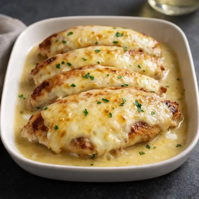 Escalope savoyarde au fromage fondu, sauce crème au vin blanc