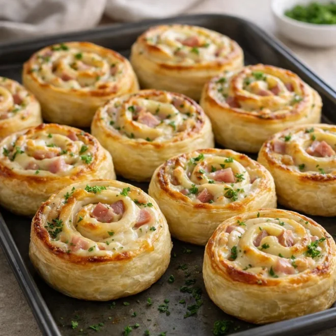 Escargots feuilletés aux dés de jambon, sauce béchamel à la moutarde et au gruyère