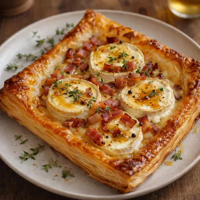 Feuilleté chèvre, miel et lardons aux ronds de pâte croustillants