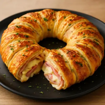 Feuilleté en couronne au jambon, mozzarella et fromage râpé (pâte feuilletée & moutarde)