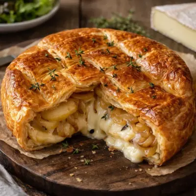 Feuilleté au reblochon, pommes de terre & oignons confits
