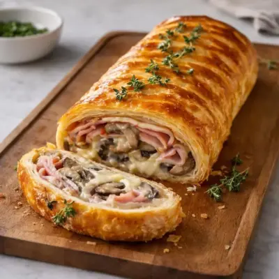 Feuilleté roulé jambon champignons mozzarella au four