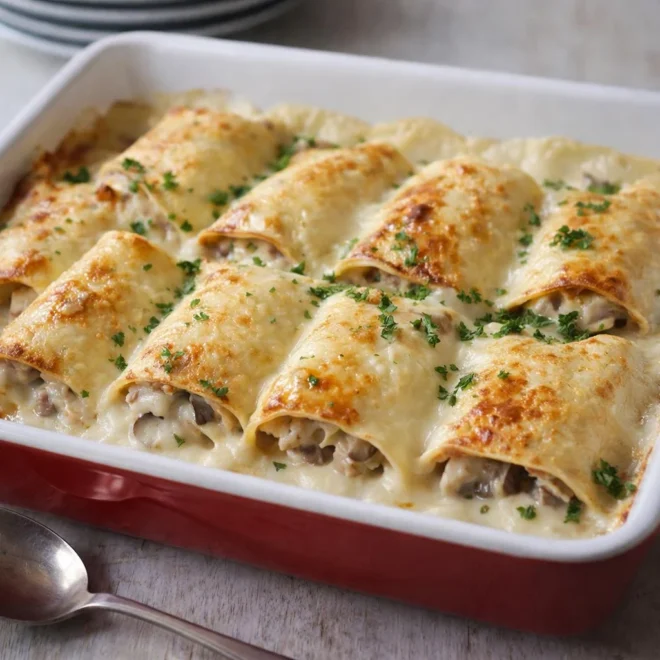 Ficelle picarde traditionnelle au four : champignons, lard et sauce crème